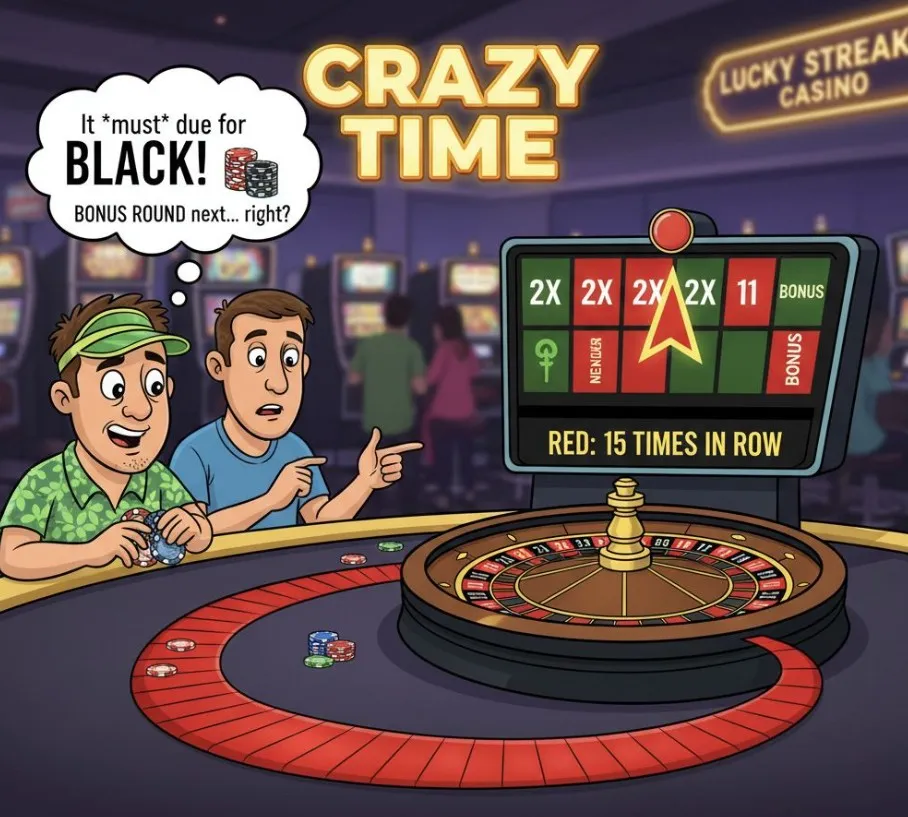 An illustration depicting the Gambler's Fallacy, perhaps showing a series of red outcomes on a roulette wheel (or Crazy Time segment) and a thought bubble above a player's head saying "it's due for black" (or a bonus round), highlighting the misconception of overdue events