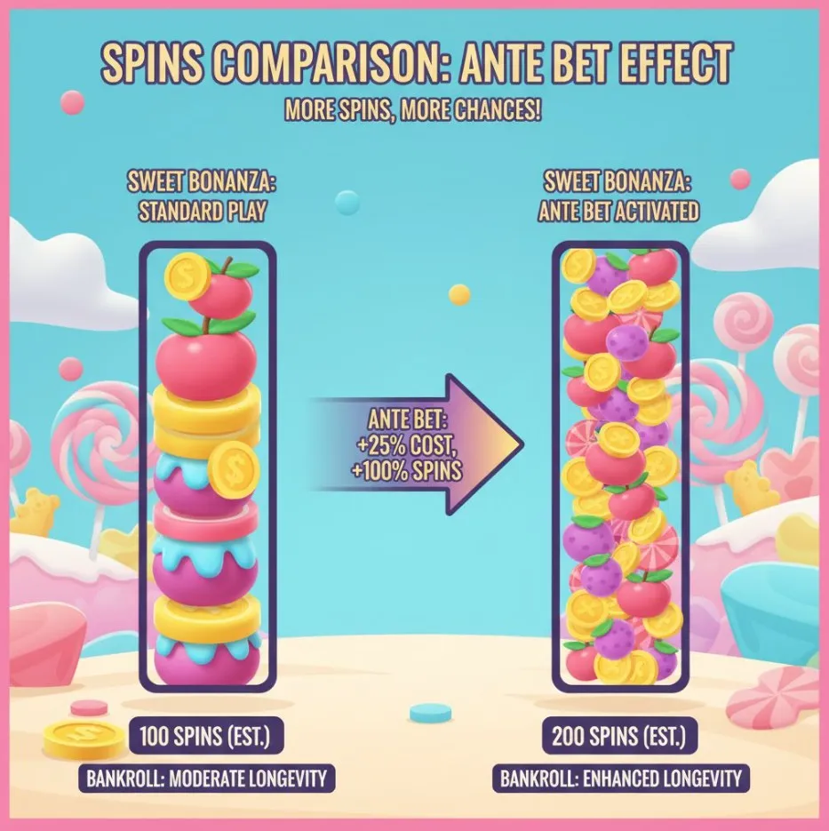 An infographic comparing the number of spins one can get in Sweet Bonanza with and without the Ante Bet activated, possibly using progress bars or stacks of virtual coins, showing how these features affect bankroll longevity.