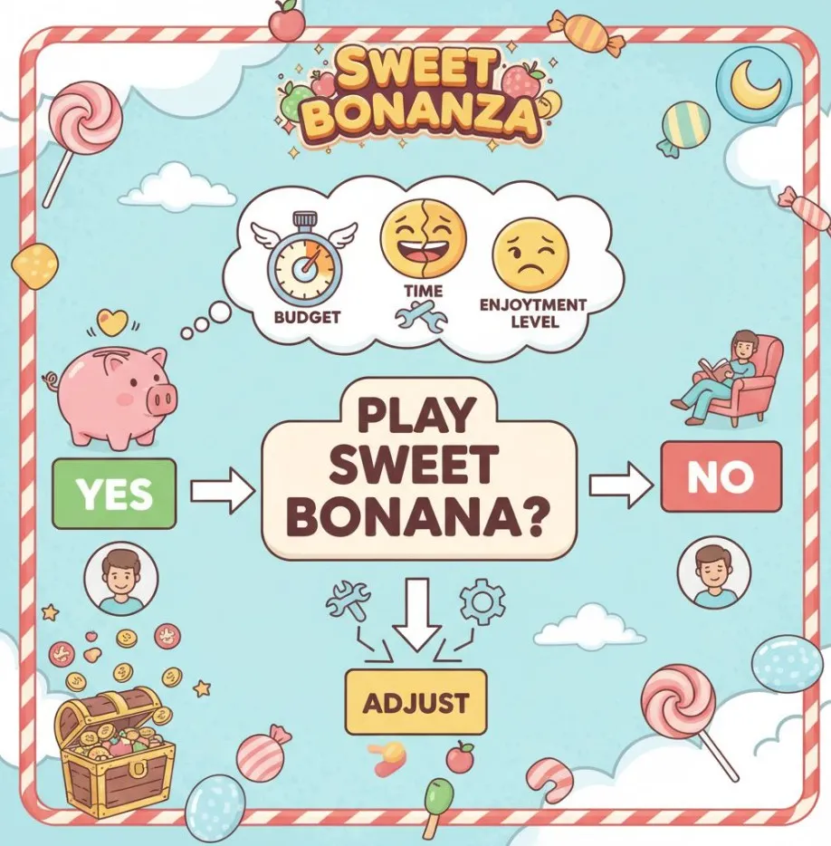 A visual representation of a player's decision-making process for Sweet Bonanza, with elements like a piggy bank for budget, a stopwatch for time, and a happy/sad emoji for enjoyment level.